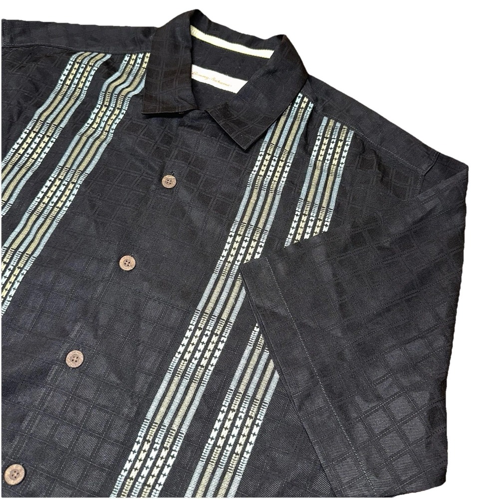Tommy Bahama Black Silk Embroidered Stripe Button Up Short‎ Sleeve Shirt Men's M